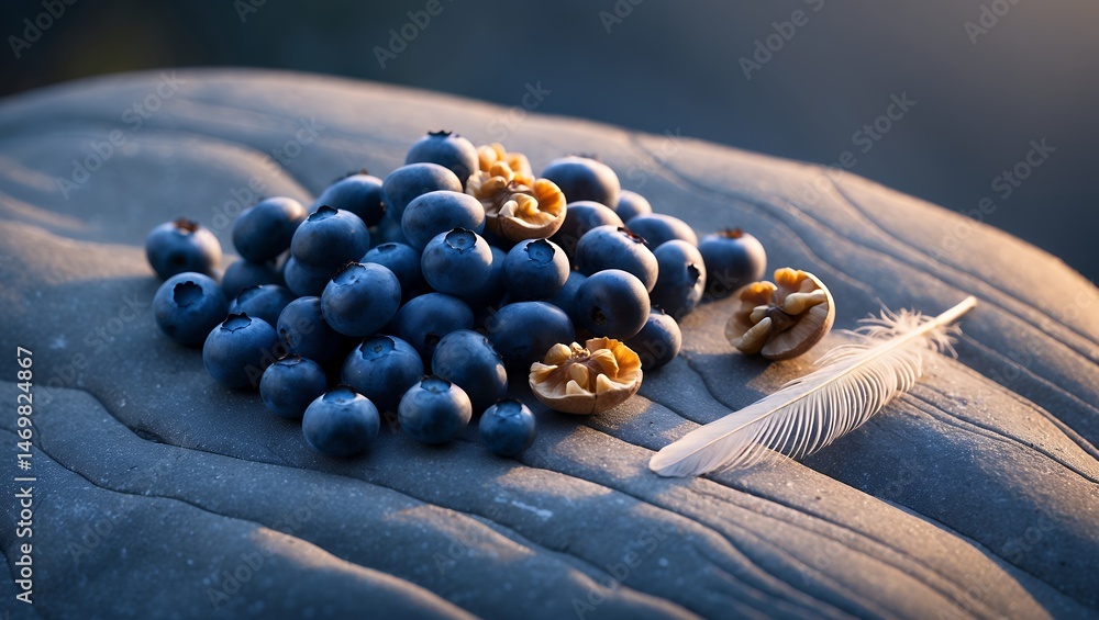 Poster blueberries and walnuts displayed with feather on textured stone surface