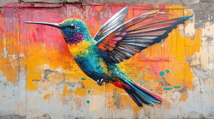 Obraz premium Vibrant Hummingbird Mural with Colorful Feathers on Urban Wall Art in Eclectic Street Environment