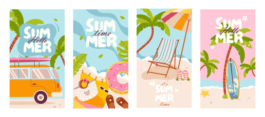 "Hello summer" slogan, colorful postcard, flat design vector. Tropical hand drawn prints design. Positive phrases for stickers, postcards or posters. Vector template with summer cute elements