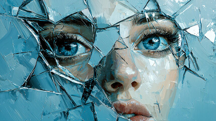 Abstract Fractured Portrait of a Woman with Blue Eyes, Impasto Oil Painting, Modern Art, Broken Glass Effect, Emotional Expression, Psychological Art, Contemporary Female Face, Textured Background,