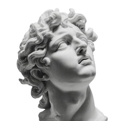 The white plaster bust of a male figure with curly hair gazes upwards with a hopeful expression against a bright white background offe a sense of inspiration.