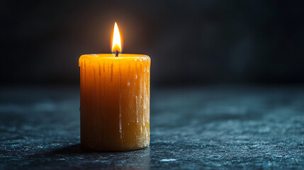Burning Amber Candle Dripping Wax on Dark Background - Dramatic Moody Atmosphere,  Spiritual, Meditation, Remembrance, Hope, Peace, Still Life Photography