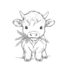 Obraz premium Cute Highland Calf Sketch With Wheat Ears Detailed Line Art
