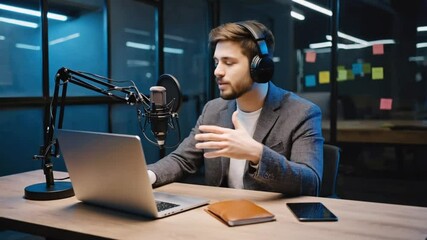 Handsome young man talking on the podcast