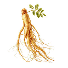 An isolated ginseng root with delicate leaves is shown against a pristine white background, highlighting its natural beauty and medicinal properties overall look.