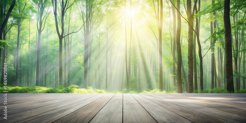 Poster sunbeams filtering through a misty forest, illuminating a tranquil wooded area with lush green folia