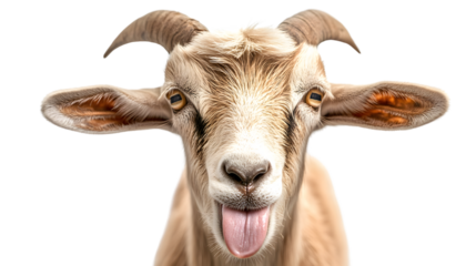 Playful Goat Portrait Sticking Out Tongue on Transparent Background