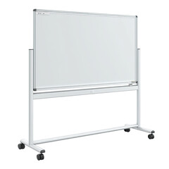 An empty whiteboard stands on its rolling stand with a horizontal bar, awaiting use in an office or classroom for a brainstorming session or presentation.