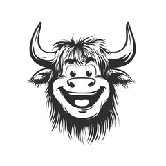 Happy Cartoon Highland Cow Face With Big Smile Graphic Illustration