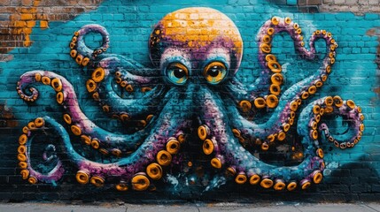 Fototapeta premium Colorful Octopus Mural on Urban Wall with Vibrant Blue Background and Bold Artistic Expressions
