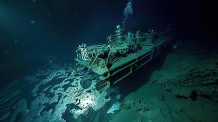 A submarine navigating through the deep ocean, surrounded by the vastness of the dark blue sea, showcasing the underwater exploration and advanced maritime technology.