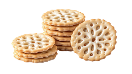 A stack of delectable rosette cookies with intricate floral patterns are beautifully displayed against a clean white backdrop, showcasing their golden texture and form.