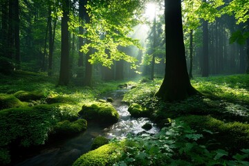 Obraz premium Sunlight streams through misty forest
