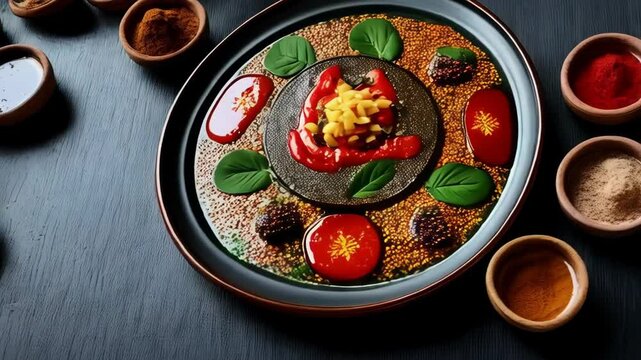 Traditional Ethiopian injera platter featuring a variety of spicy stews and vegetable sides. A flavorful and aromatic African meal showcasing the diversity of Ethiopian cuisine