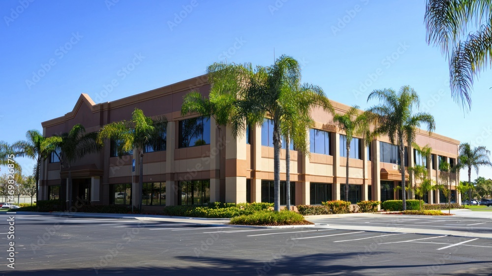 Poster a large, multi-story office building with multiple windows and palm trees in the foreground.
