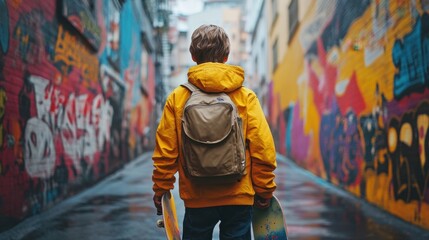 Young child in yellow hoodie carrying skateboards in colorful urban alley with graffiti art and wet pavement