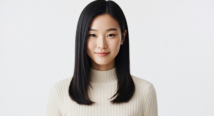 Portrait of a Young Asian Woman with Straight Black Hair and a Calm Expression
