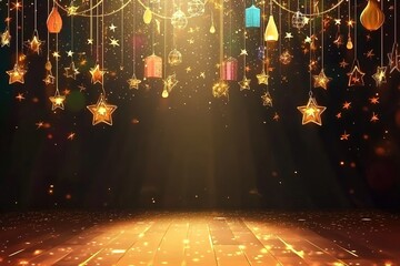 dark stage background with golden lights and hanging decorations of stars, lanterns, and ribbons. The floor below the stage has wooden planks, celebrating New Year's Eve or other festive events.