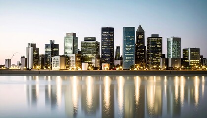 Obraz premium City Skyline Reflecting on Water at Evening