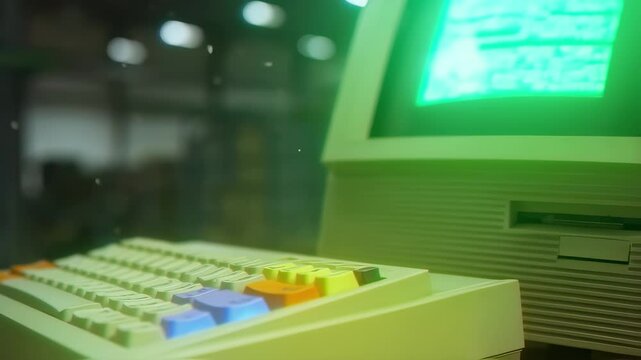 Green computer monitor with a green screen. The screen is filled with a green line. The computer is turned on and is in a room