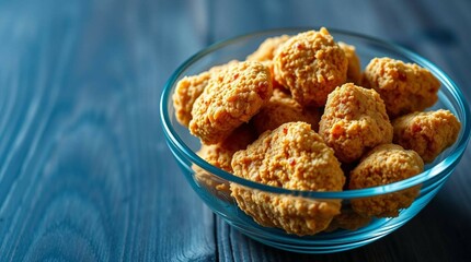 Crispy chicken nuggets served in a small transparent bowl, placed on a wooden surface with natural lighting, close-up shot, realistic food photography style, no background distractions, studio quality