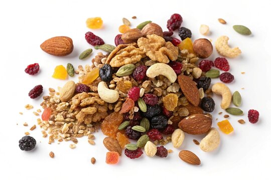 gorp nut mix pile top view isolated on white background
