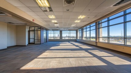 A spacious, empty office with large windows, exposed ceiling beams, and a carpeted floor.