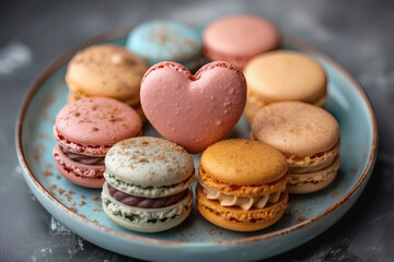 A delightful arrangement of colorful macarons with a heart-shaped one on a blue plate.