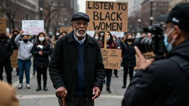 Elderly Black Male Activist Speaking Out at a Protest for Women's Rights, Surrounded by Supporters Holding Signs in Urban Environment
