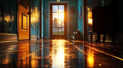 Warm sunlight streaming through a cozy hallway.