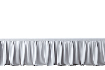 Elegant white table skirting gracefully cascades, its soft folds creating a sophisticated aesthetic against a clean backdrop, enhancing any event display table.