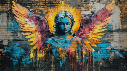 Obraz premium Vibrant Urban Angel Mural with Colorful Wings and Expressive Face on Brick Wall Street Art
