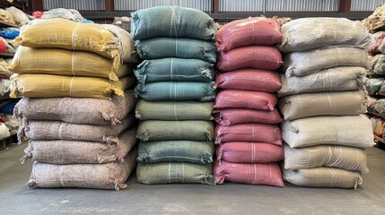 Colorful fabric sacks stacked warehouse inventory