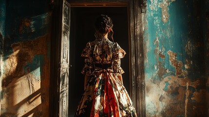 Woman in vintage dress in an aged room.