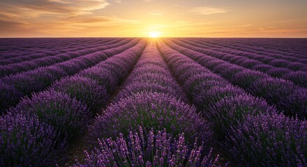 Fototapeta premium Majestic Lavender Fields at Sunrise A Breathtaking View of Nature's Beauty