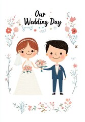 Cute Cartoon Bride and Groom Wedding Illustration with Floral Frame
