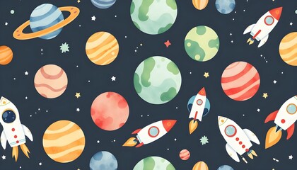 cute cartoon planets, rockets, stars, smiling moon faces, whimsical outer space pattern, vibrant colors
