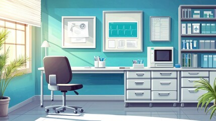 A blue office with a desk, chair, and various office supplies.
