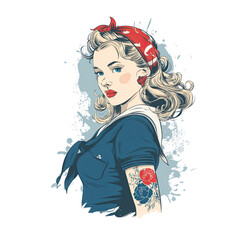 A blonde woman with blue eyes, wea a red bandana and sailor outfit, has a floral tattoo on her arm in a vintage inspired illustration style design.