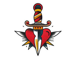 A traditional tattoo design features a dagger piercing a heart with wings, all rendered in vibrant colors and bold outlines on a clean white background for clarity.