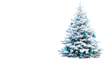 Elegant Snowy Christmas Tree with Blue Ornaments Isolated on Transparent Background