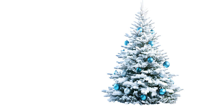 Elegant Snowy Christmas Tree with Blue Ornaments Isolated on Transparent Background