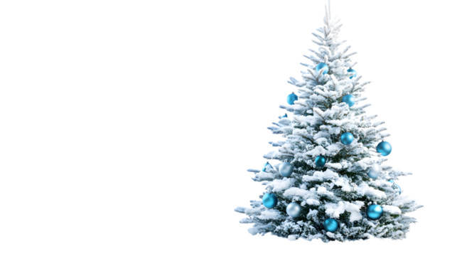 Elegant Snowy Christmas Tree with Blue Ornaments Isolated on Transparent Background