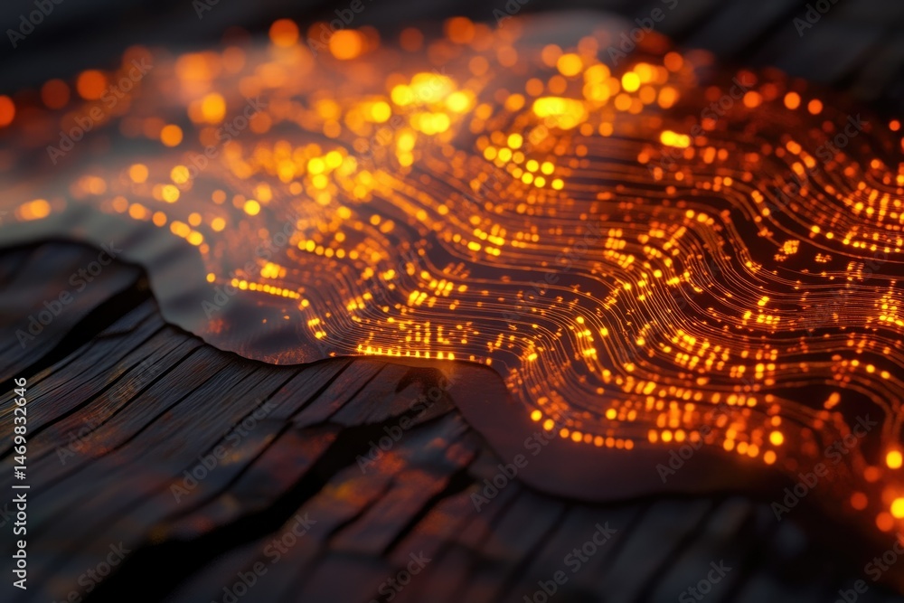 Poster glowing orange digital data streams flow across a dark wooden surface, creating a futuristic, abstra