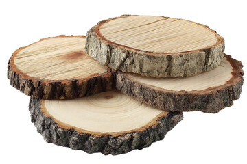 A stack of four rustic wood slices with bark edges creates a natural and textured composition against a bright white background showing grain detail carefully.