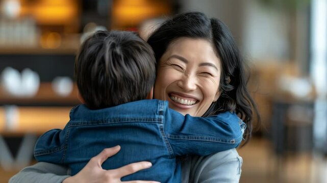 A loving mother embraces her son tightly in her arms, radiating warmth and affection. This touching moment highlights the deep bond between them and the unconditional love of motherhood.