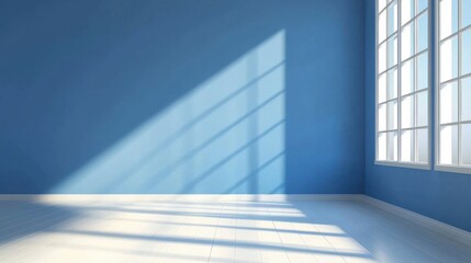 Obraz premium A blue room with a large window and white floor tiles, featuring a white wall with a window and sunlight casting shadows on the floor.