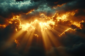 Dramatic sky with fiery sunset rays piercing through dark clouds.