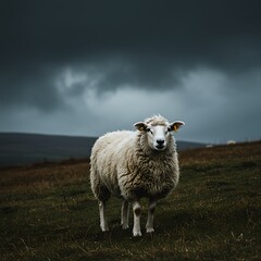 Sheep standing under moody skies