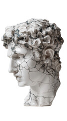 Cracked white sculpture of David's head is seen in stark detail against a pure white backdrop, highlighting the intricate artistry and visible damage with beauty.